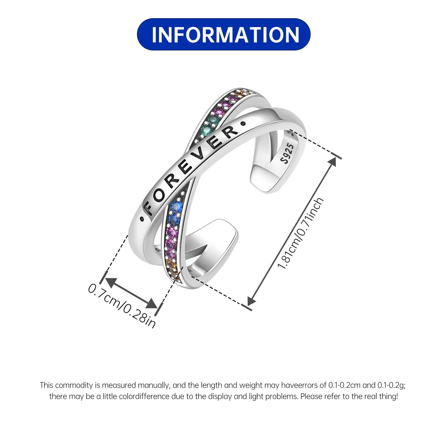 925 Sterling Silver Forever Engraved Twist Open Ring Rainbow Multi Color CZ Inlaid Adjustable Stackable Ring Women Jewelry Gift