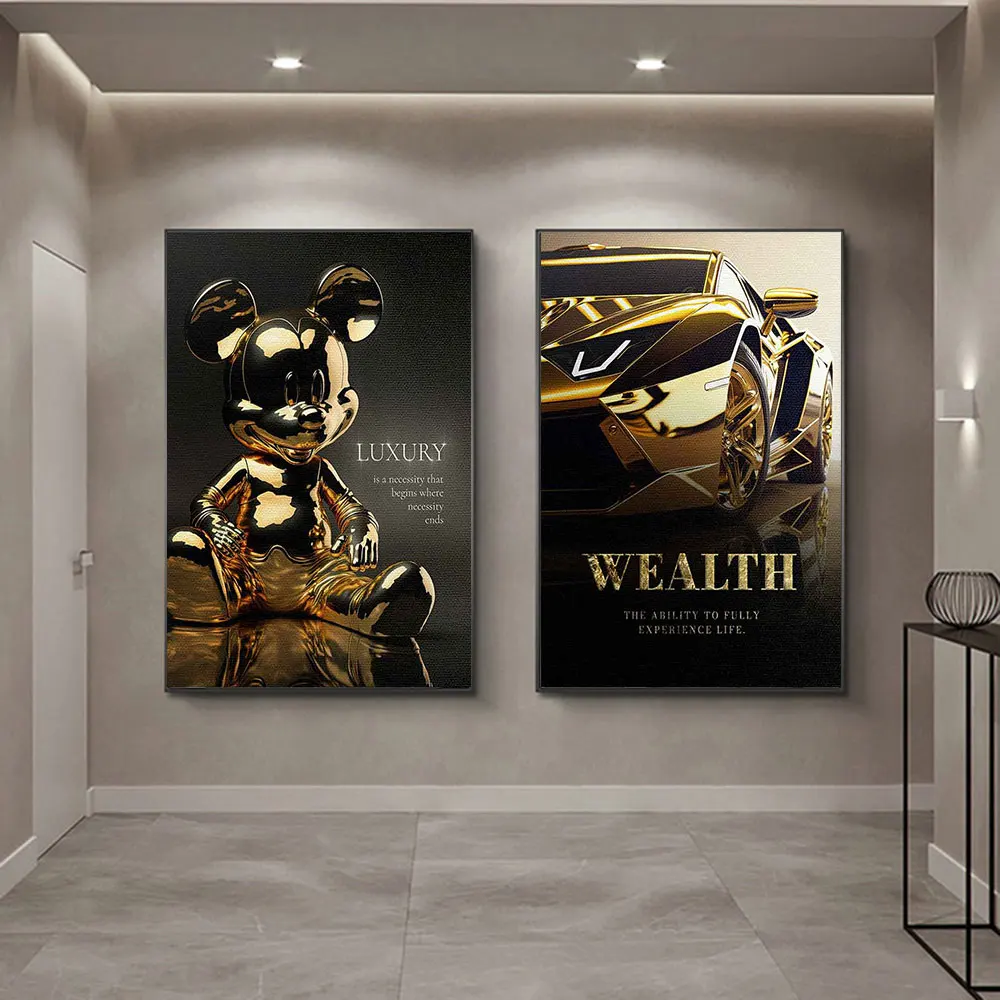 

Disney Luxury Mickey Mouse Canvas Painting Abstract Gold Car Wealth Art Poster Print Wall Art Picture Office Room Home Decor