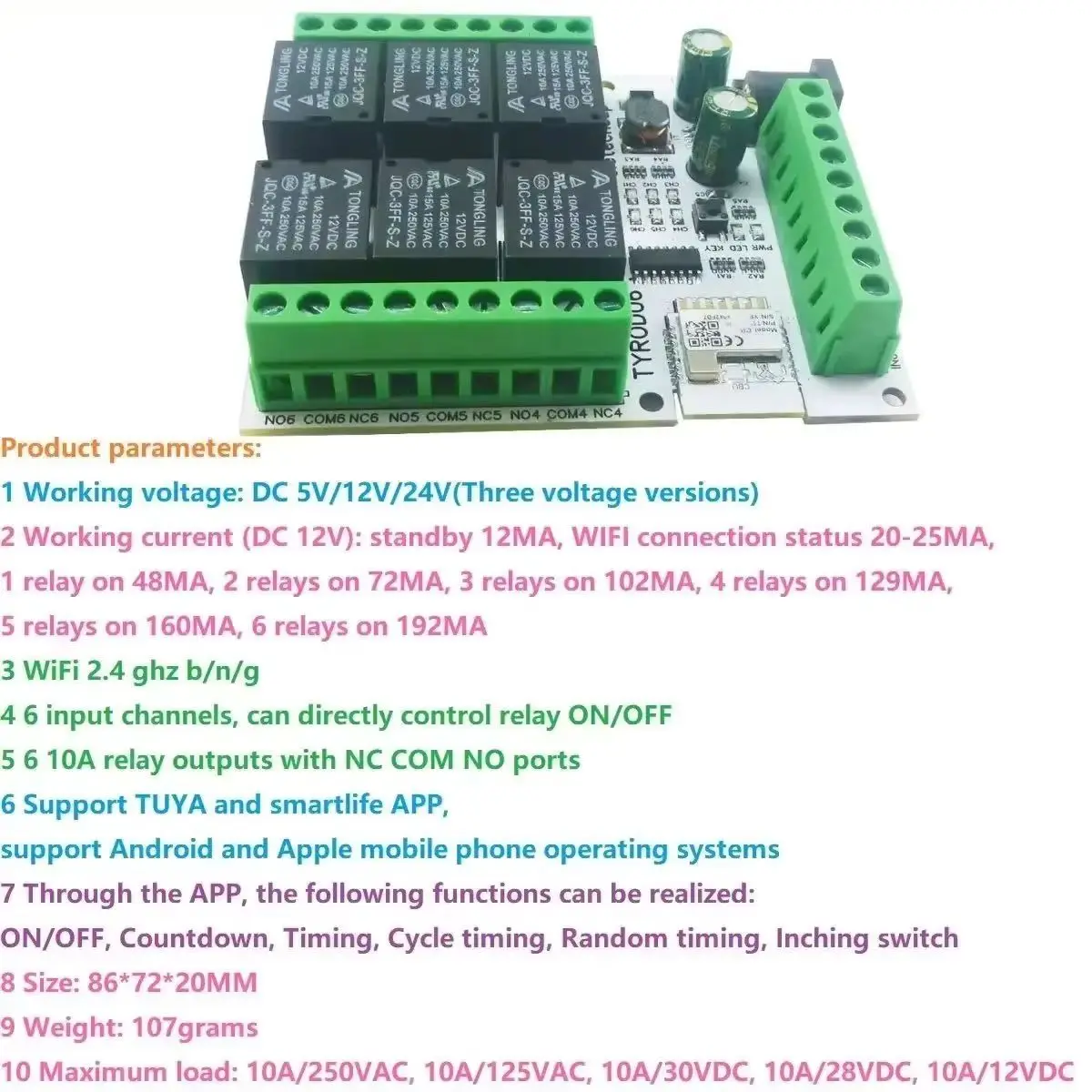 

WiFi Relay Module 6CH DC 5V/12V/24V Smart Switch Tuya App for Home Automation TYROD06