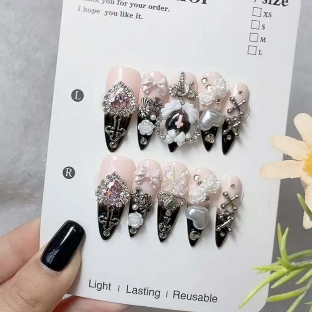 

10 штук темно-розовых роскошных романтических накладных ногтей с бриллиантами, ручной работы, в стиле готика, субкультуры, лолиты, для милых и дерзких девушек, многоразовые.