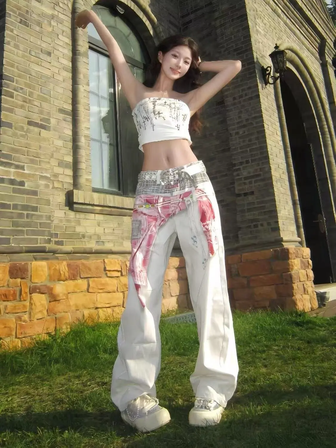 Women's Pants High Street Graphic Printed Design High Waisted Jeans Women Clothes Y2K Casual Fashion Straight Baggy Trouser New