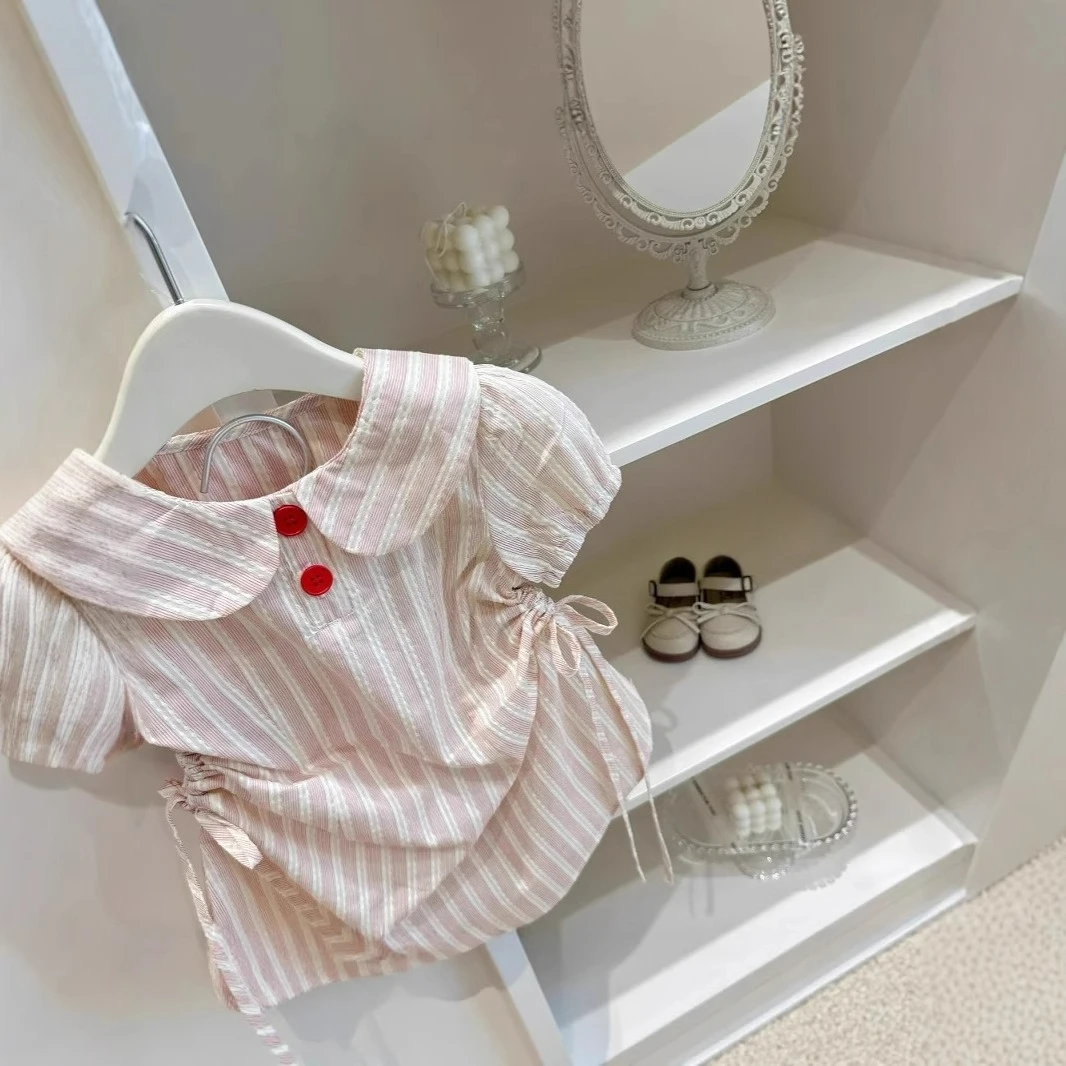 Girls Pink Striped Preppy Dress Summer 2026 New Waist Tie Elegant Baby Girl Dress