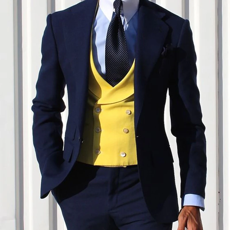 

Slim Fit Casual Men Suits with Yellow Waistcoat Navy Blue Pants 3 Piece Wedding Tuxedo for Gromsmen Male Fashion Jacket 2023