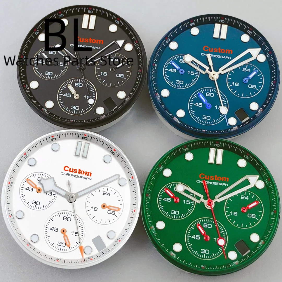 BLIGER 31mm Vk63 Custom Logo Quarzt Watch Dial Hand Set Green Luminous 4 Hour's Date Window For VK63 Quartz Movement Watch Parts