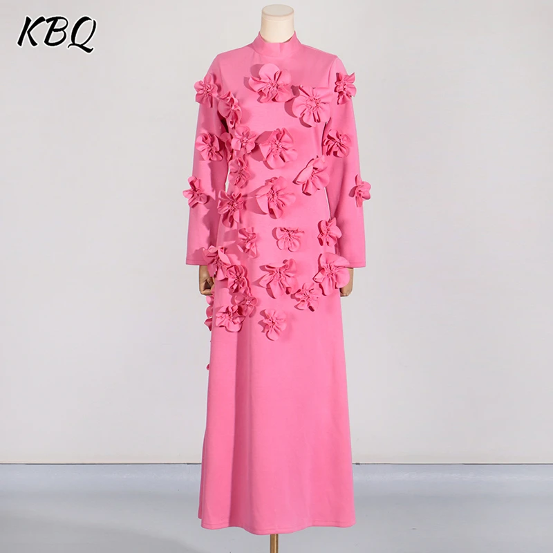 

KBQ Elegant Solid Spliced Appliques Slimming Dresses for Women Stand Collar Long Sleeve Temperament Lace Up Dress Female New