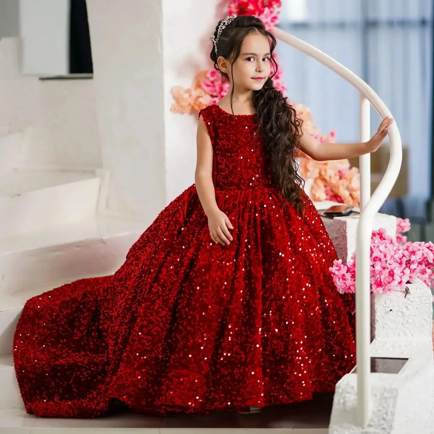 

Princess Shining Pink Flower Girl Dresses For Wedding Baby Girl Birthday Banquet Floor Length First Communion Gowns Customized