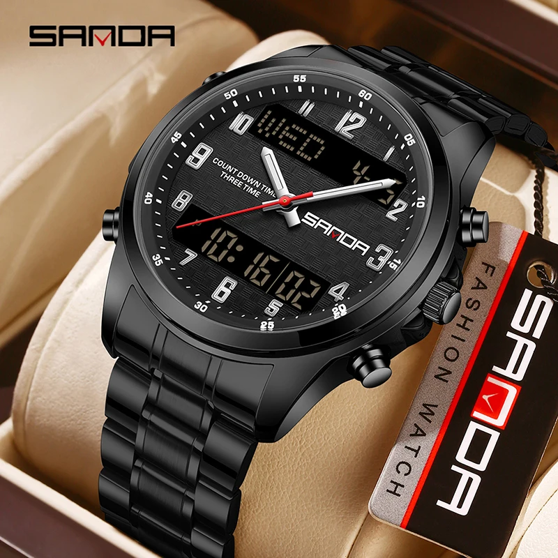 SANDA 9119 العرض المزدوج حزام ناقل من الفولاذ ساعة رجالية حركة مزدوجة متعددة الوظائف توقيت ضوء الليل ساعة تنبيه 5ATM مقاوم للماء
