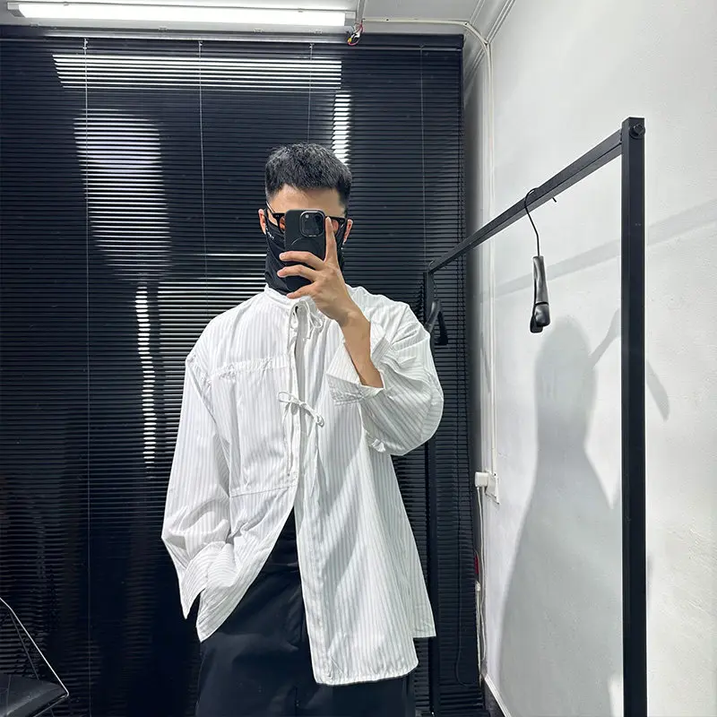 Avant-Garde Design Abstinence Series Deconstruction Drawstring Lace Vertical Striped Shirt High-Grade Loose Casual for Men