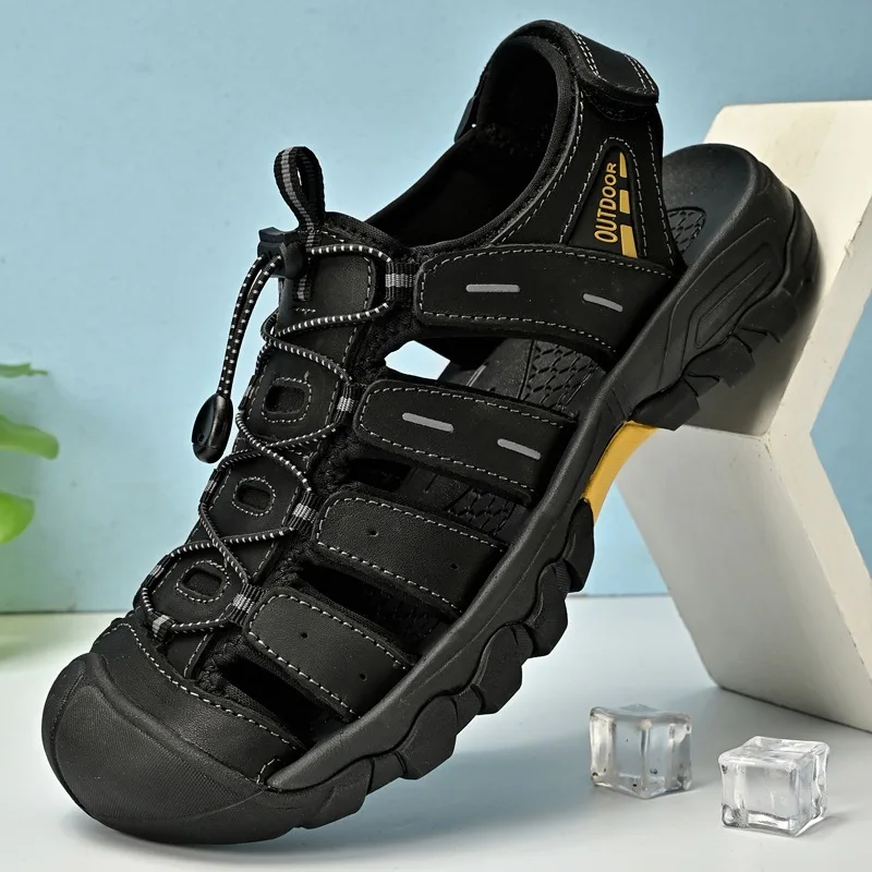 

Мужские сандалии из натуральной кожи, классические дышащие слипоны, повседневные уличные пляжные сандалии-кроссовки 2026