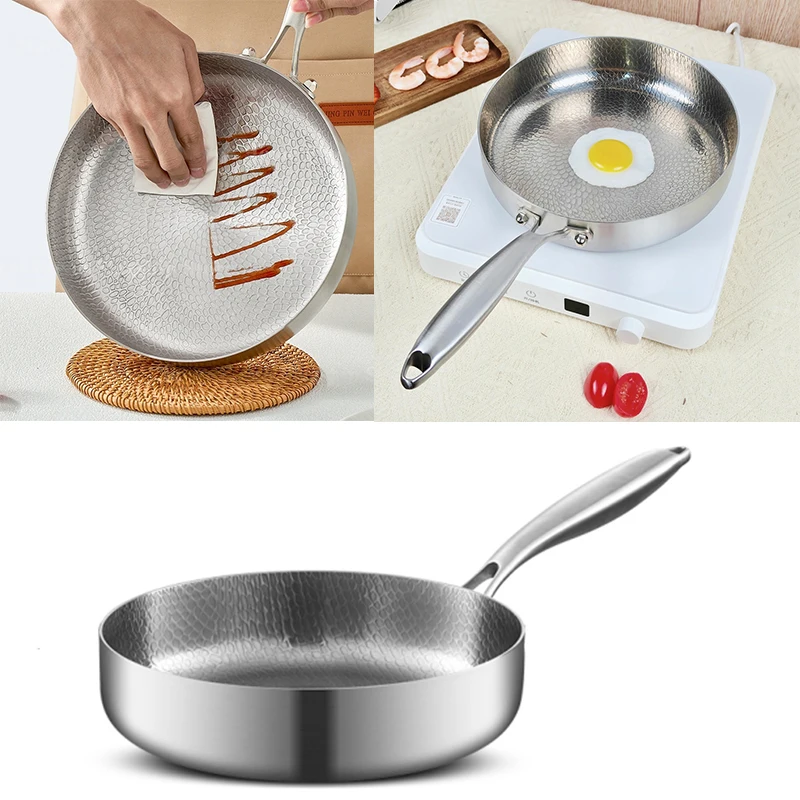 

2025 New 20/24/28cm Frying Pan Non-stick Wok Uncoated Titanium Stainless Steel Home Egg Steak Skillet Induction Cooker Gas Stove
