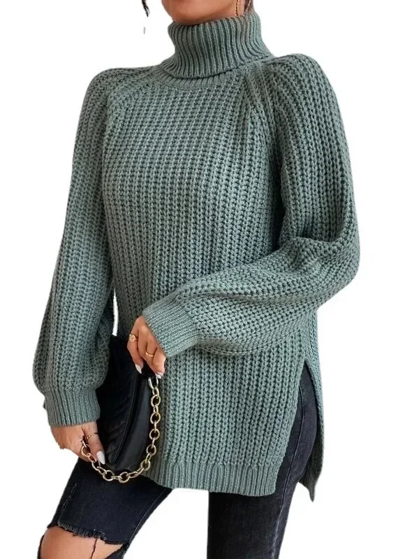

Sweater Women's 2025 Autumn/Winter New Product Wish Knit Medium Long Raglan Sleeve High Flip Collar Split Sweater Dress for Tops