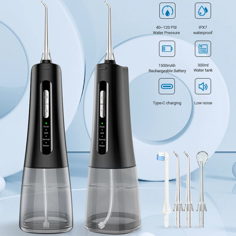 Irigator Mulut Profesional Flosser Air Isi Ulang Jet Air Gigi Portabel untuk Membersihkan Gigi Tangki 300ML 4 Ujung Tahan Air
