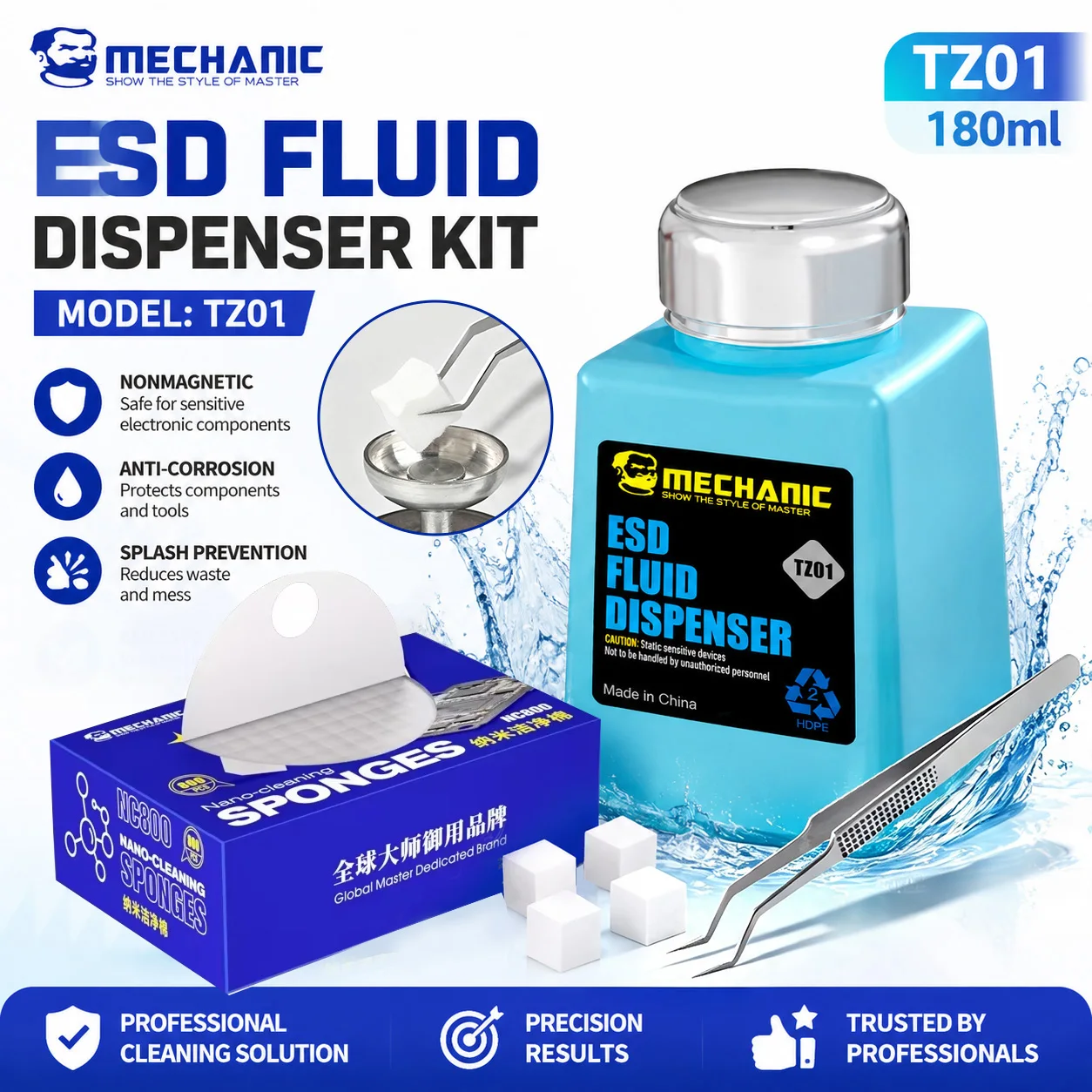 MECHANIC TZ01 ESD Alcohol Dispenser Bottle 3-in-1 Set, Stainless Steel Liquid Pump Container for PCB Motherboard Cleaning