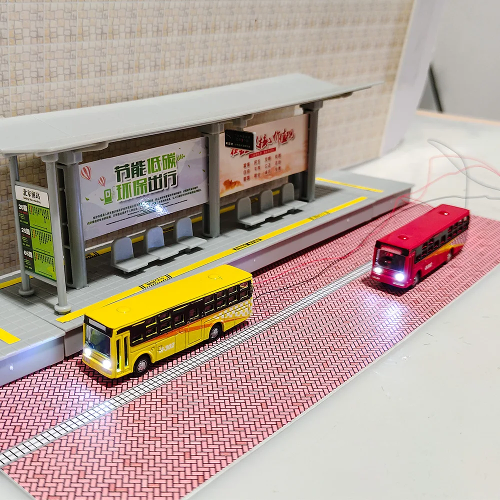 2pcs N Scale Luminous Miniature Bus Model 1:150 12V Alloy Vehicle Toy Cars Architecture Building Layout/Diy Model Making Diorama