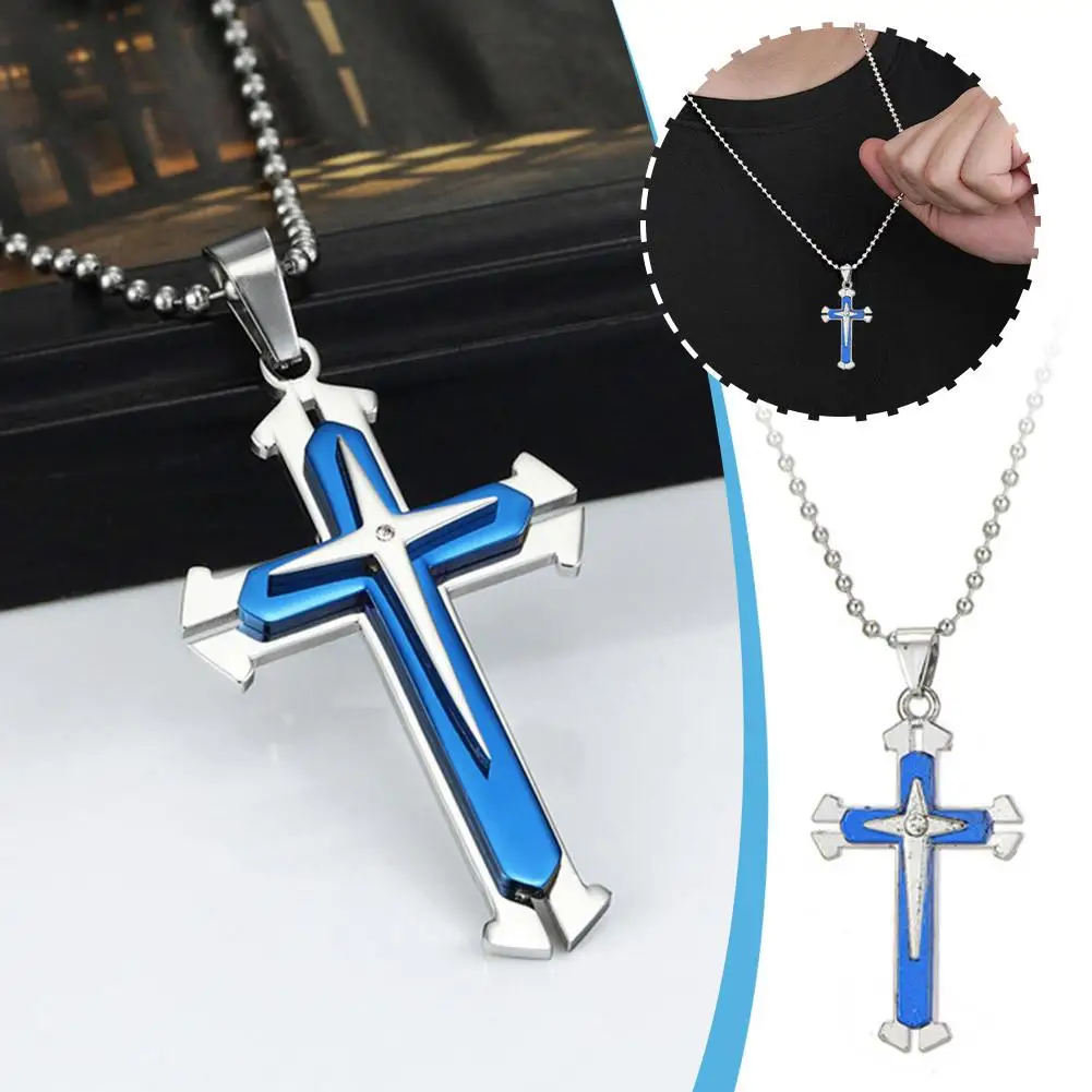 Vintage Kreuze Anhänger Halskette mit Perlenkette Schmuck Halskette blau Mode gemusterte Männer Accessoires Legierung Kreuz