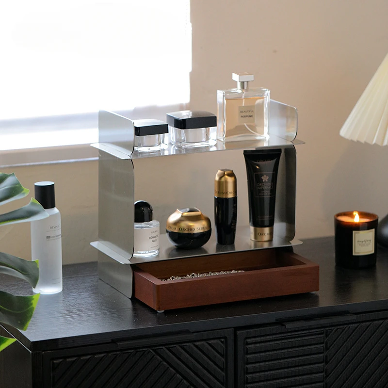 

Stainless Steel Double-layer Coffee Cup Storage Rack, Skin Care Product Aromatherapy Display Rack, Wooden Drawer Storage Box