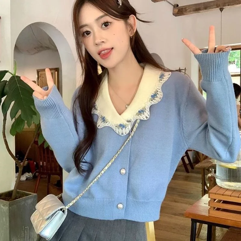 Long-sleeved Sweater Women Autumn New Design Lace Lapel Chic Short Sweater