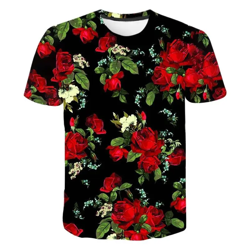 New 3D Printed Rose Leaf T-Shirt for Men Summer Casual Sports Short Sleeve Womens Clothing Oversized O Neck Tops Funny Kids Tees