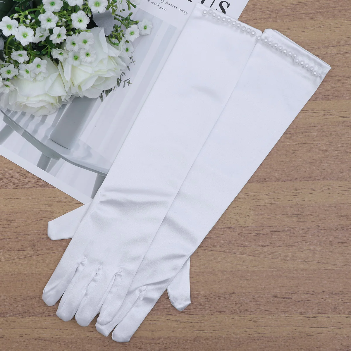 

1 Pair Wedding Flower Gloves Long Satin Pearl Decor Dress Gloves for Wedding Evening Party - Size L (White)
