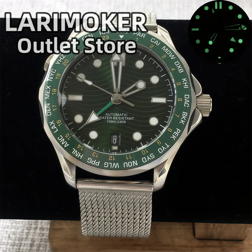 LARIMOKER GMT NH34 Automatic Movement 41mm Men'S Dive Watches Ceramic Bezel Domed Sapphire C3 luminous 100M Waterproof SolidStee