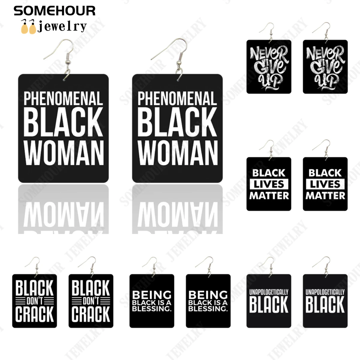 SOMEHOUR Phenomenal Black Woman Blessing Wooden Drop Earrings Inspired Sayings Print Rectangle Dangle Jewelry For Women Gfits