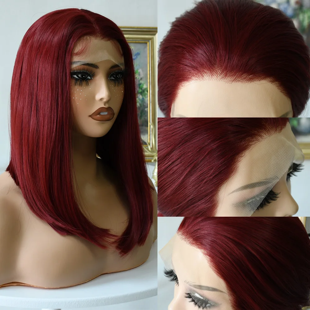 180% الكثافة 99J بورجوندي قصير بوب شعر مستعار 13X4 الدانتيل الباروكات الأمامية للنساء اللون الطبيعي الدانتيل الجبهة بوب شعر مستعار الاصطناعية قبل قطعها