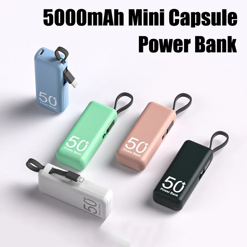 

Mini Emergency Power Bank 5000mAh Pocket Fast Charging Charger Large Capacity Portable Mobile Power Banks Built-in Line New