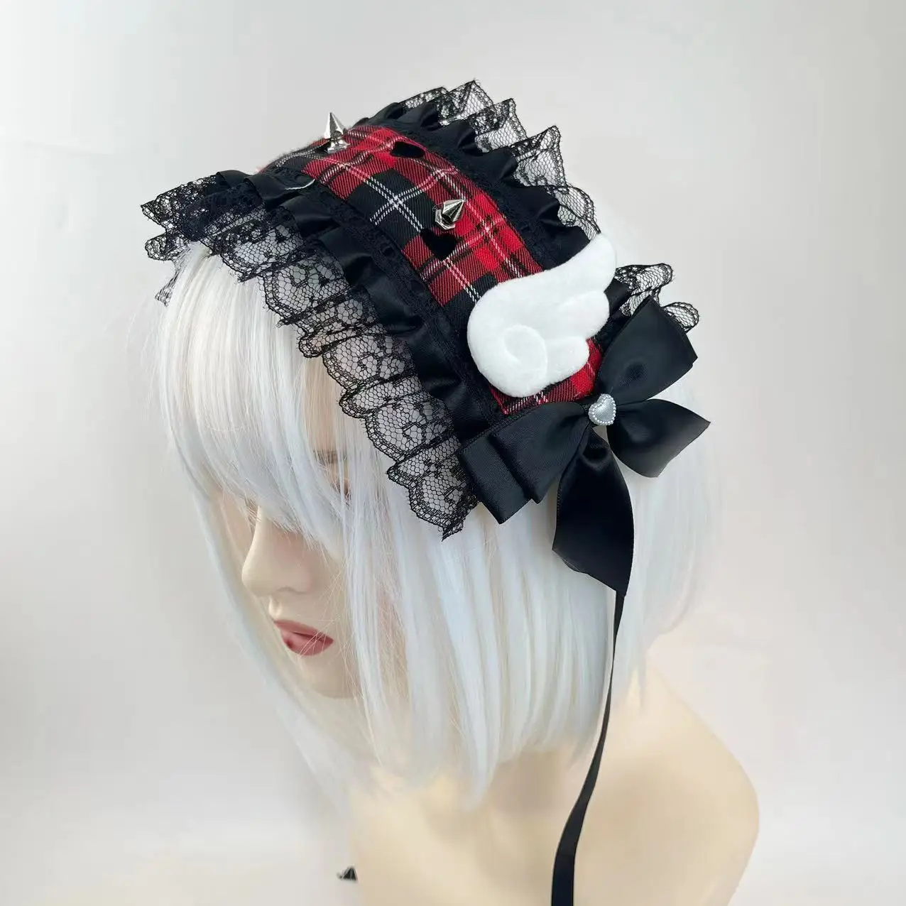 Gothic Lolita Cosplay Headwear Sweet Lovely grid Girl Harajuku Subculture Wing Angel Lace Flounce Fold Headband Hair Accessories