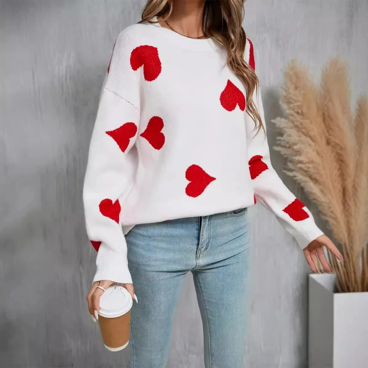 

Winter Street Style Fashion Comfortable Long Sleeve Large Size Knitted Heart Pattern Sweater round Neck Pullover for Women