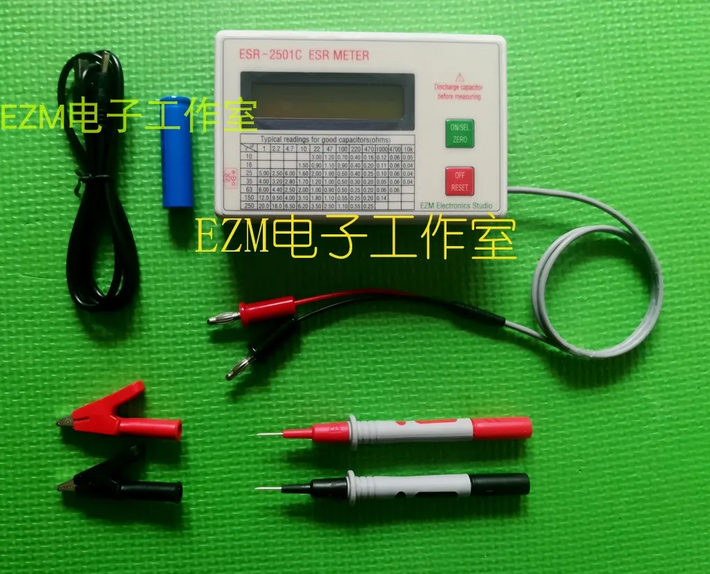 New ESR2501B Capacitor ESR DCR Tester Test In Circuit Capacitance Meter With Test Leads Clip Battery