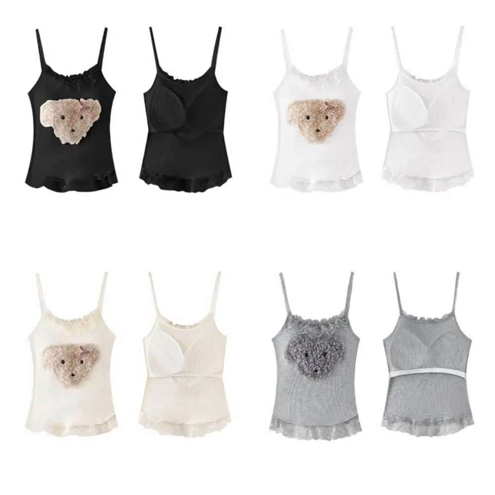 

Plush Dog Lace Sleeveless Crop Top Beachwear Undershirts Sweet Girl's Tank Top Slim Fit Spice Girls Style Camisole with Pads