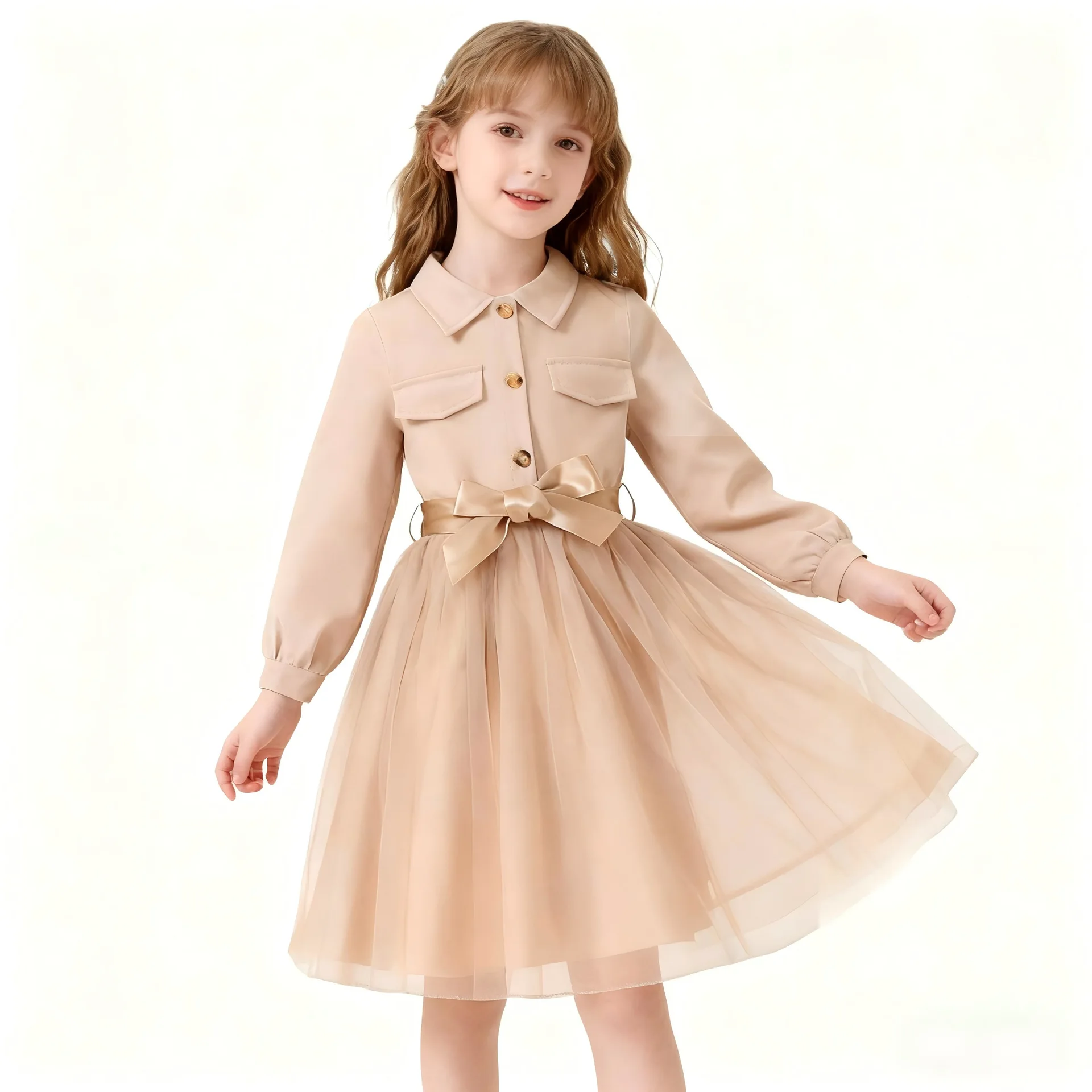 

Baby Girls' Spring/Autumn Elegant Dress Set Long Sleeve Tulle Mesh Dresses For Outdoor Korean Style Outfit for Girls For 4-7 Y