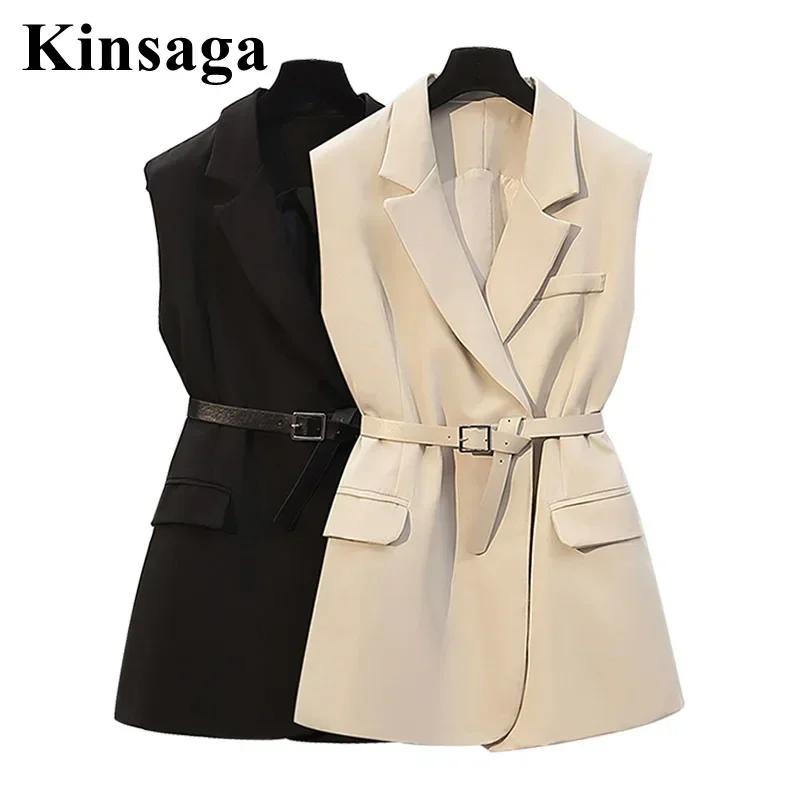 Women Street Blazer Vest Lapel Collar Sleeveless Cardigan Coat Belted Waistcoat Outwear Office Lady Workwear Korean Style Outfit