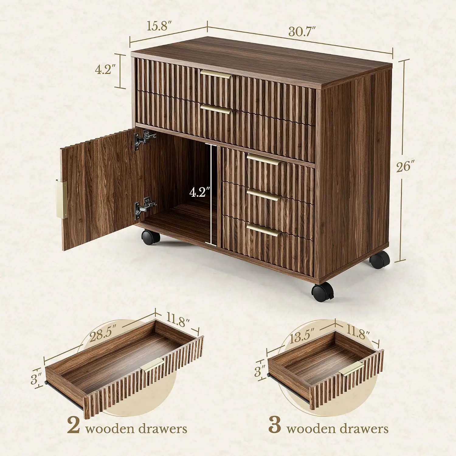 Fluted 5-Drawer File Cabinet with Storage Door, Mobile Lockable Wheels for Home Office, Black Walnut, Customized