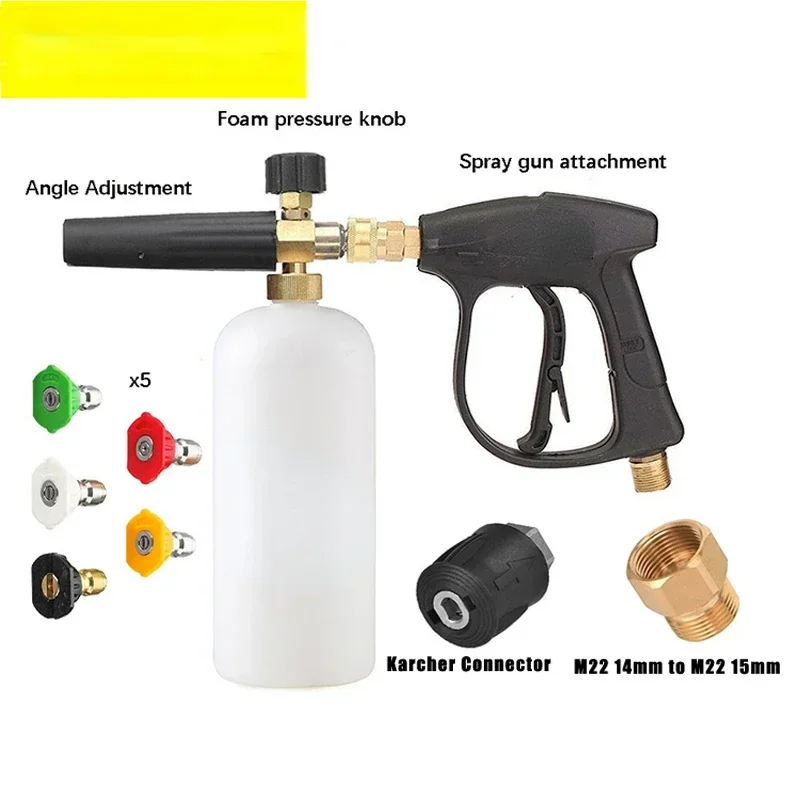 High Pressure Washer Gun with Foam Cannon 1/4 Inch Quick Connector with 5 Pressure Washer Nozzle Tips 1L with Adapter