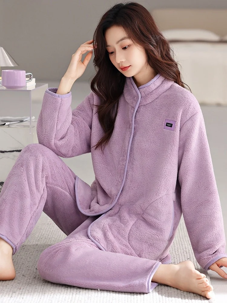 women's-winter-thickened-fleece-pajamas-coral-velvet-home-clothes-set-long-sleeve-stand-collar-button-closure-comfortable-sle