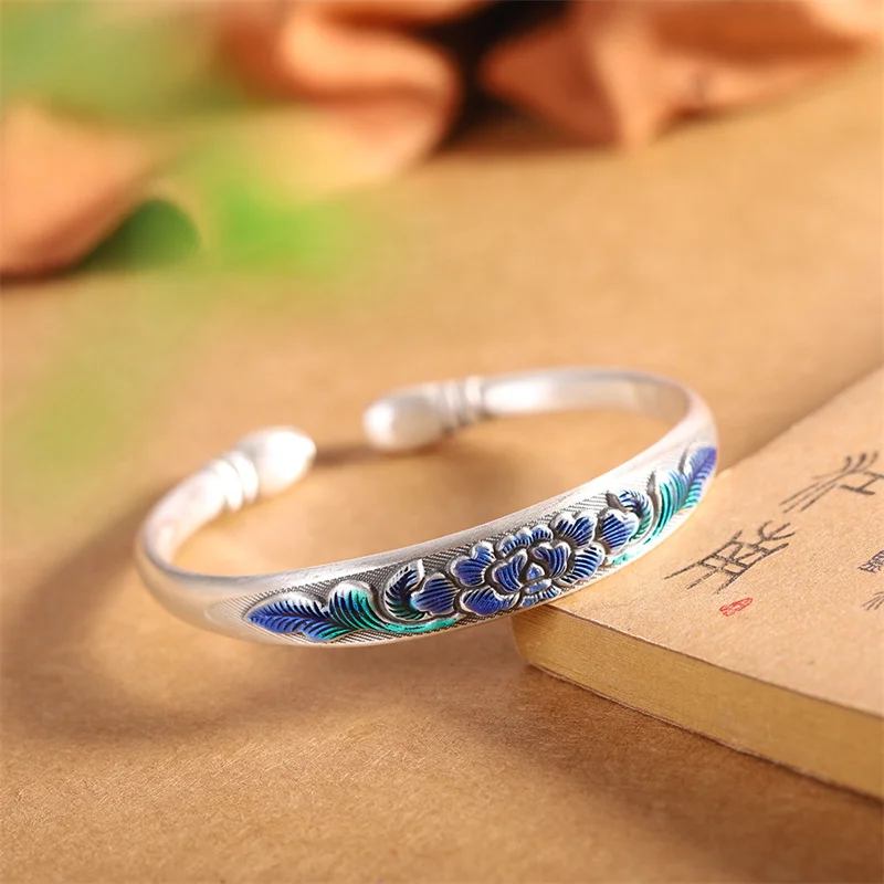 High-end Colored Enamel Lotus Bangle For Lady Hand Accessories Ethnic Style Trendy Open Size Bangle Women Jewelry