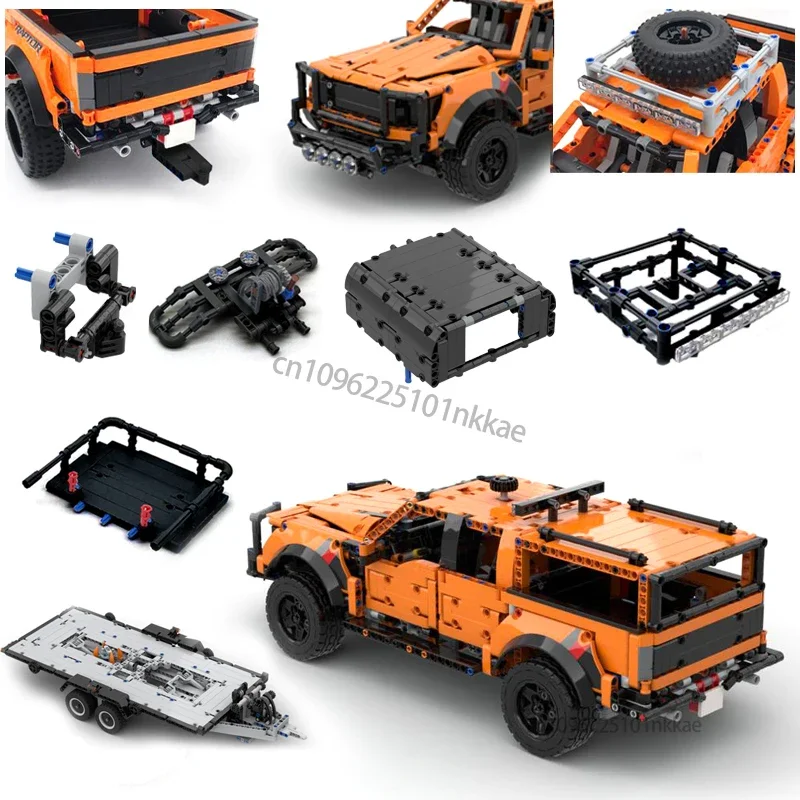 MOC F-150 Raptor Car Trailer Technical Hitch Crane Platform Hardtop Bumper Roofrack Building Blocks DIY Bricks Toy Gifts