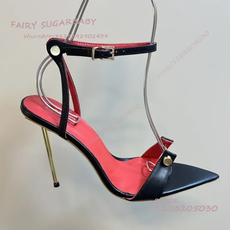 

Black Patent Leather Matte Pointed Open Sandals Women Rivet Link Metal Heel Ankle Chain Buckle Red Dress Hollow Shallow Shoes