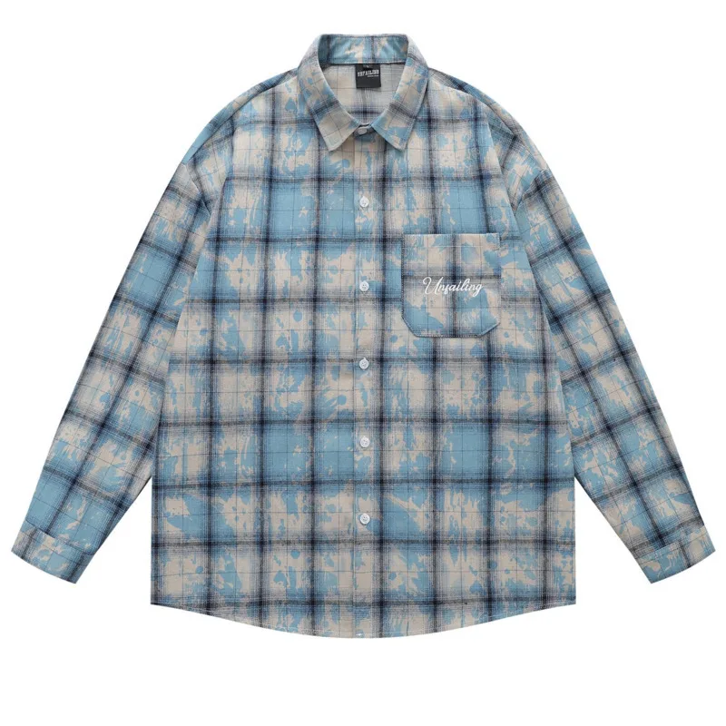 

Осенняя американская ретро карманная рубашка в клетку с длинными рукавами и вышивкой тай-дай, мужская и женская универсальная повседневная свободная рубашка-куртка