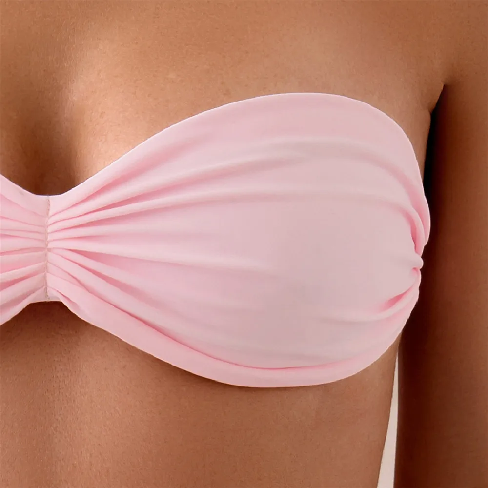 2024 Sexy Pink Bandeau Bikinis Set Women Swimwear 2024 Back Knotted Wrinkled Swimsuits High Leg Cut Bathing Suit Bikini Mujer