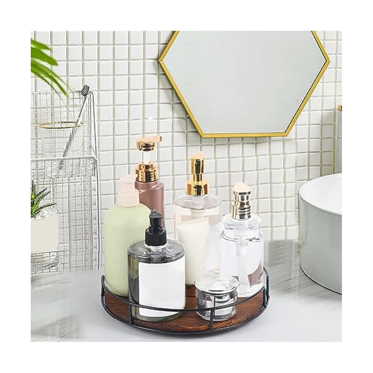 กล่องเก็บจานหมุนไม้กันลื่นสำหรับตู้, ตู้กับข้าว, เคาน์เตอร์ครัว, ตู้เย็น, ชั้นวางเครื่องปรุง, สีดำคาร์บอน