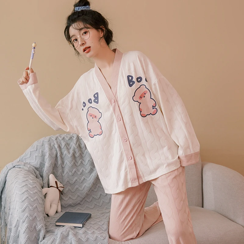 Pink Cartoon Pajamas Sets Women Cute Long Sleeves Long Pants Autumn Winter Kawaii Pyjamas Soft Pijamas Cozy Sleepwear Button Pjs