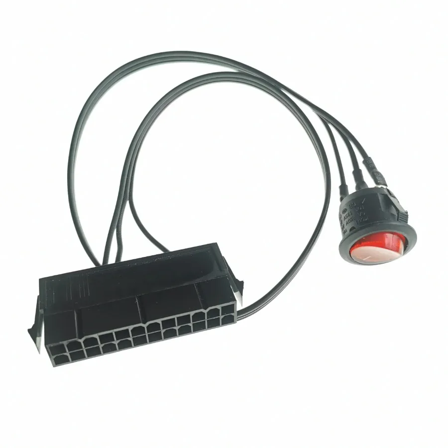 PC Server ATX PSU 24Pin Female Socket Starter Switch Button Power Cable 18AWG Wire Red indicator light Self-Lock Boat Shape 50cm