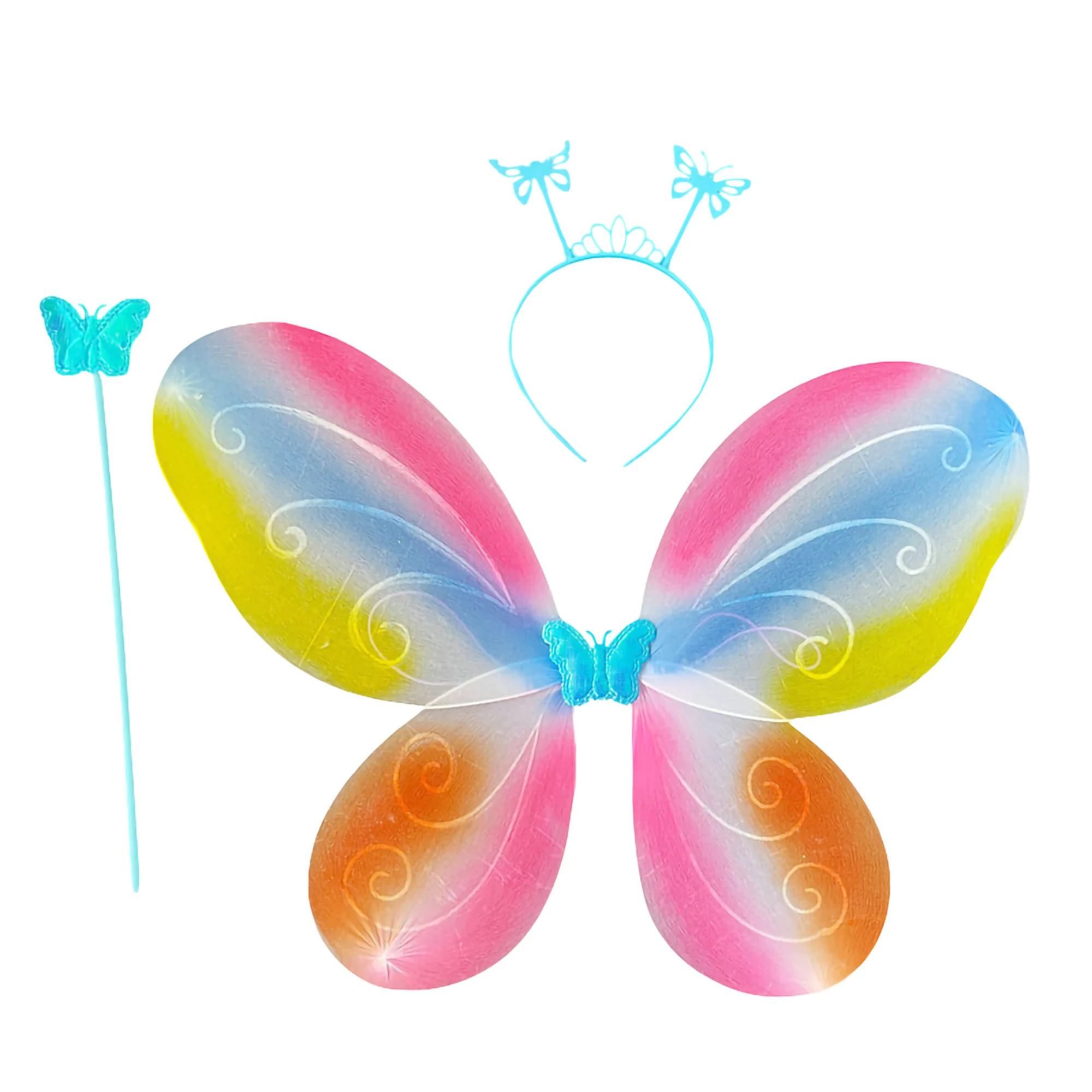 Rainbow Butterfly Wings with Headband Wand Set Butterfly Fairy Wings Dress Up Angel Costume for Birthday Halloween Party