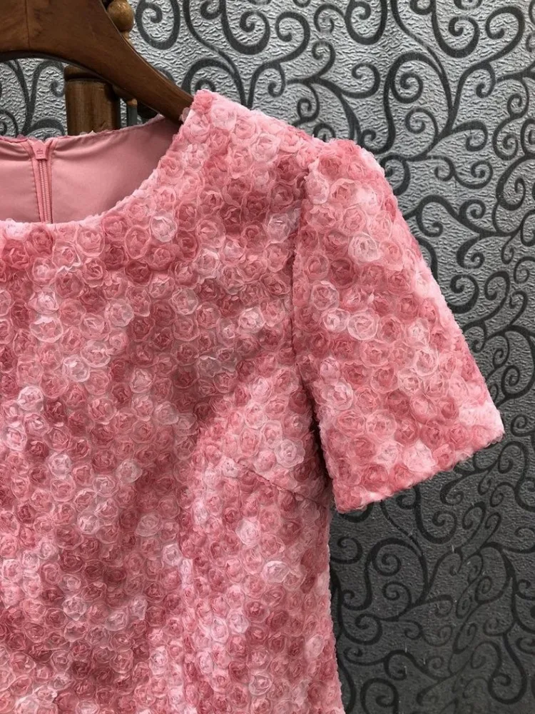 Elegant Office Ladies New Spring Summer Flower Dress Fashion Designer Short Sleeve O-Neck Zipper Short Dresses Women Pink Dress