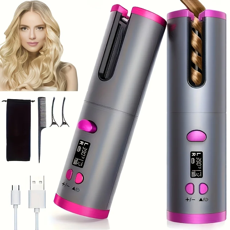 Automatic Curling Iron with LCD Display, Portable Cordless Rotating Curling Iron, USB Rechargeable, Suitable for All Hair Types, 6 Temperature Settings, Fast Heat-Up, Automatic Shut-Off, Great for Hairdressing, Mother's Day Gift, Birthday Gift