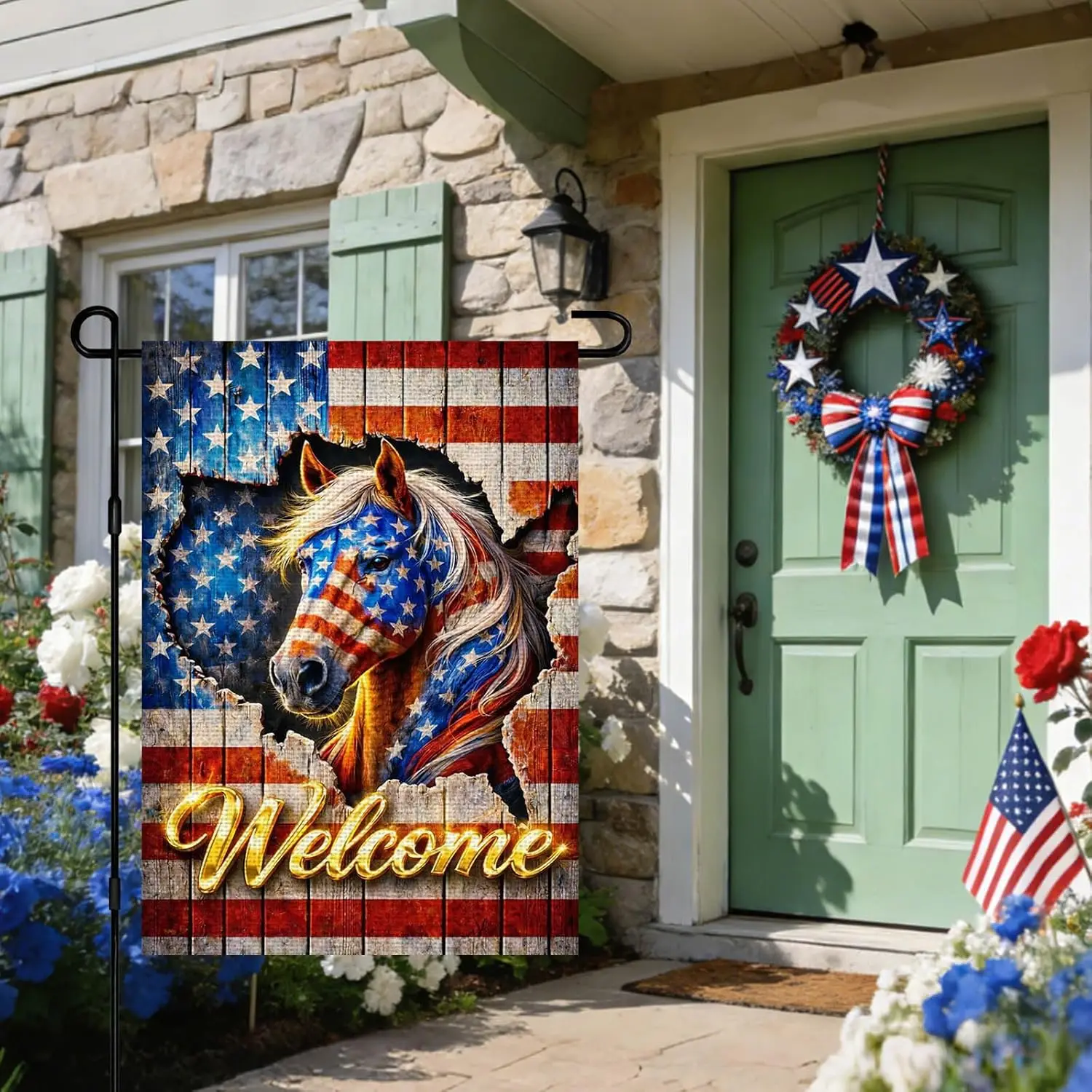 IVN Burlap 4th of July Garden Flags 12x18 Inch Double Sided Patriotic Yard Flags Welcome American Flag Horse Linen Decorativ AAS