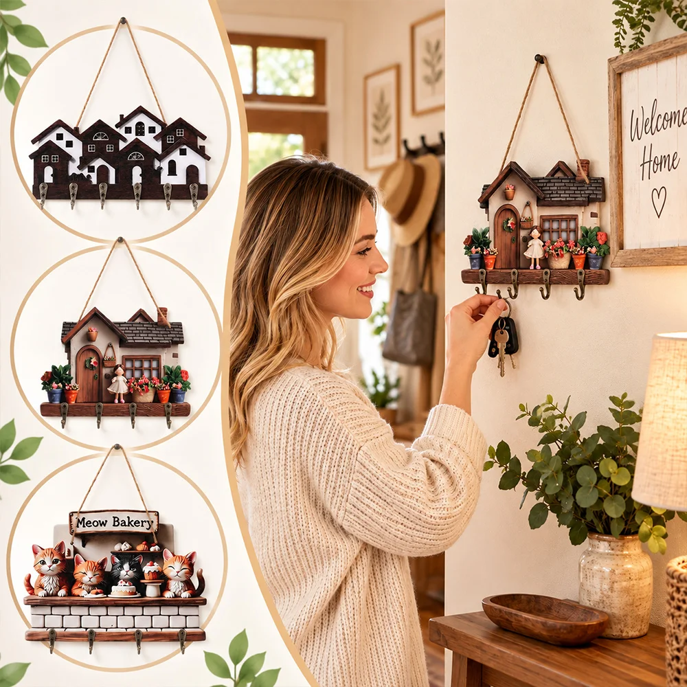 Gifts Wood Wooden Key Holder Colorful House Shape Wall Key Rack 2D Flat Wall Mounted Decorative Key Hanger Living Room Decor