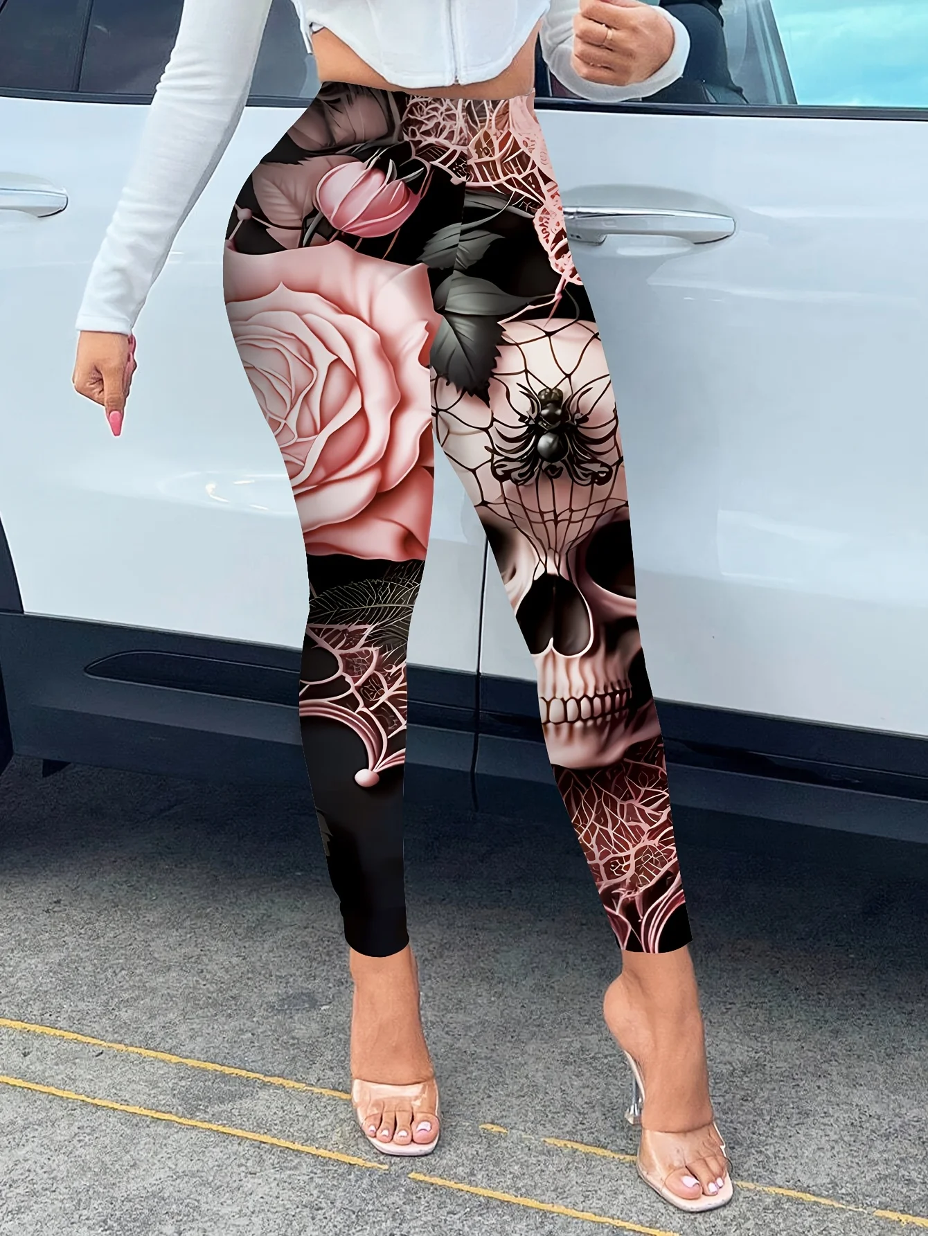 Women Mid‑Waist Fleece Lined Leggings, Skull Rose Spider Web Print, Slim Warm Halloween Street Casual Pants